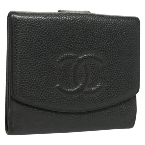 CHANEL COCO Mark Wallet Grained Calf Skin Black CC Auth SW1075 - Picture 1 of 16